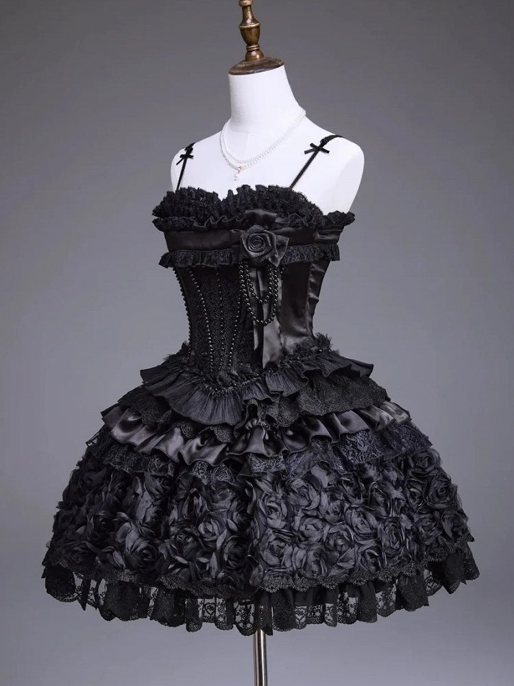 Black Elegant JSK Dress with Pearl and Floral Brooch - Airfreeing