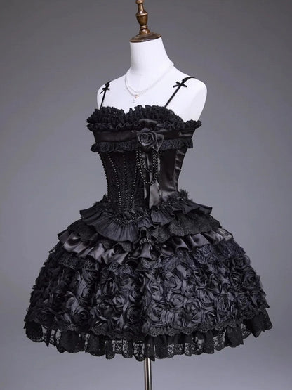 Black Elegant JSK Dress with Pearl and Floral Brooch - Airfreeing
