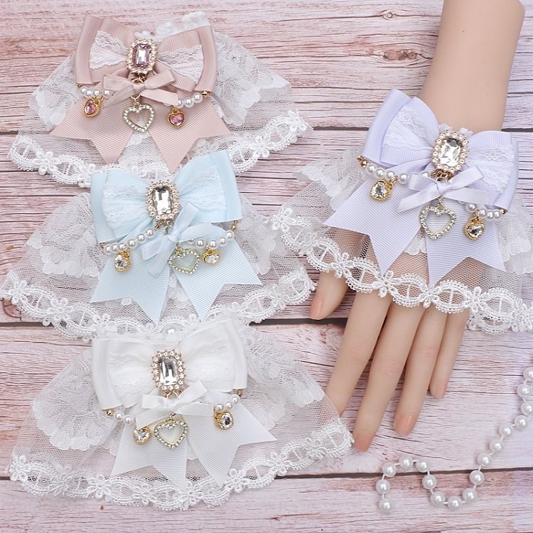 10 Jirai Rhinestone Color Cuffs Wrist Lace Kei Bowknot Options Pearl