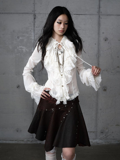 Vintage Flounce Tiered Princess Detail Beige Blouse Tie-Neck with Lace