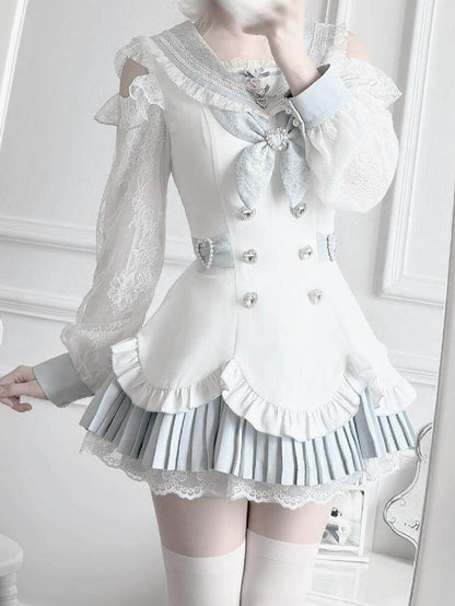 Landmine Style Two-Piece Set in Blue and White with Sailor Collar Cutout Shoulder Pleated Dress and Shorts - Broken Bear