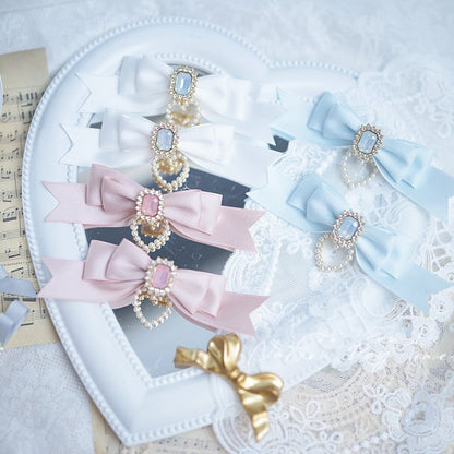 Pink/Light Blue/White Square Rhinestone Jirai Kei Bow Hairclips Dusty