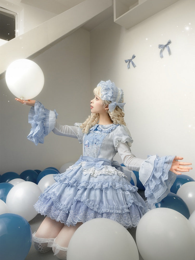 Süße Mieder Ärmeln Abnehmbare Lolita Blau Kleid Strand Wal Druck Stickerei Glocke mit und