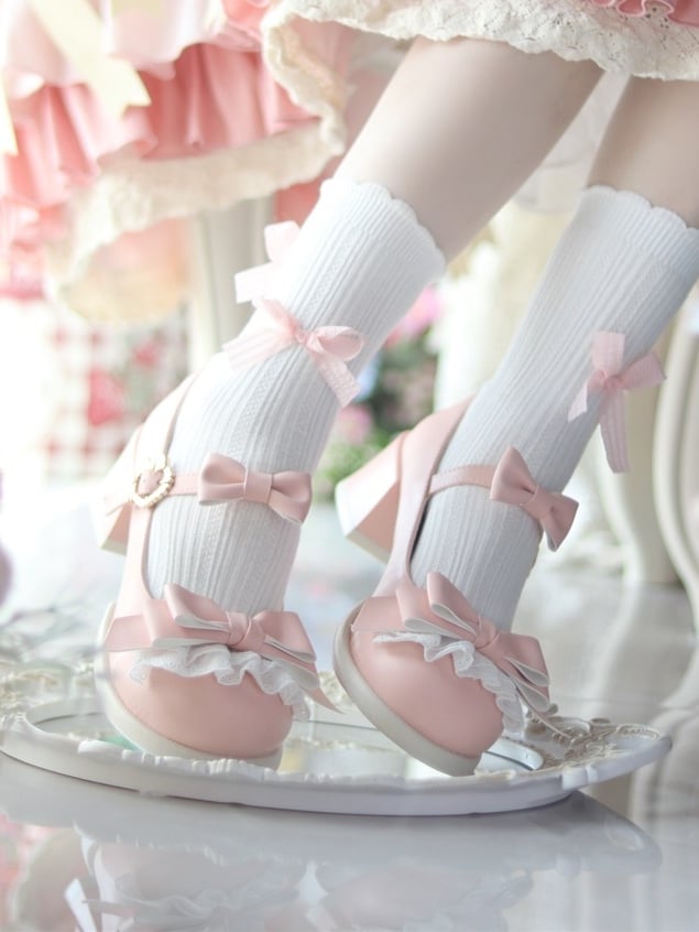 Low-heel/Mid-heel Accents Sweet Delicate Bow Lace Mary Pink Lolita Shoes in Jane