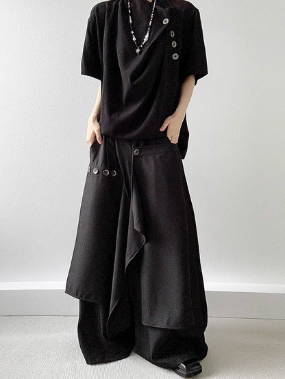 Wide-Leg Black Pants Avant-Garde with Draping Ouji Lolita