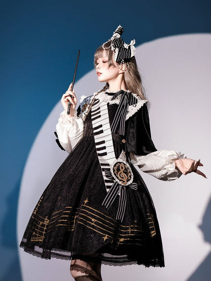 Musical Note Print Black and White Long Sleeves Lolita OP Full Set