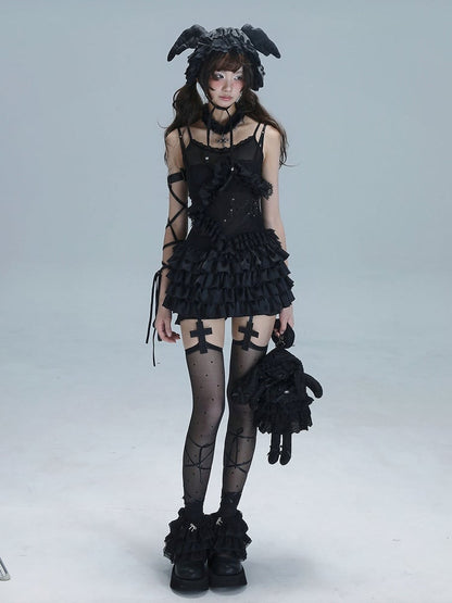 Ballet-Inspired Punk Star with Lace Black Layered Trim Top Ruffles Rhinestone Cami