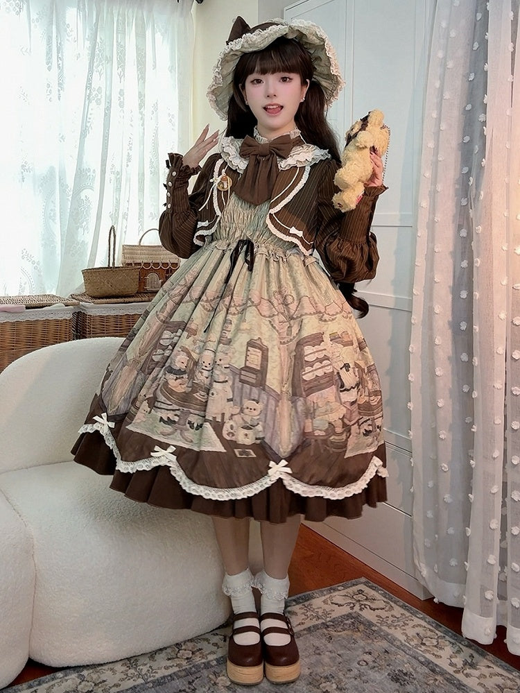 Drucken Lolita Zwei Teddy Haus Stücke Kleid Kaffee Design Lange Grüne Ärmeln