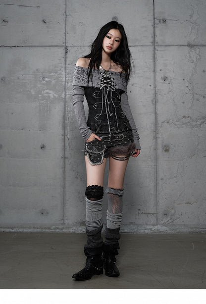 Top Strick Grau mit Einsätzen Off-Shoulder Denim Design Vintage Punk