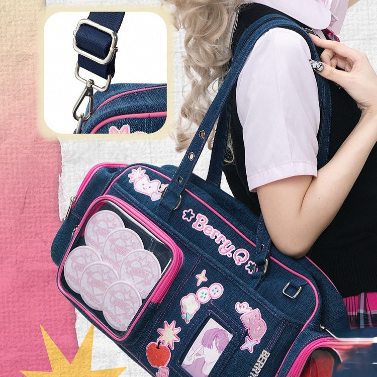 Denim with Hand Ita Deep Blue Cute Embroidery Bag
