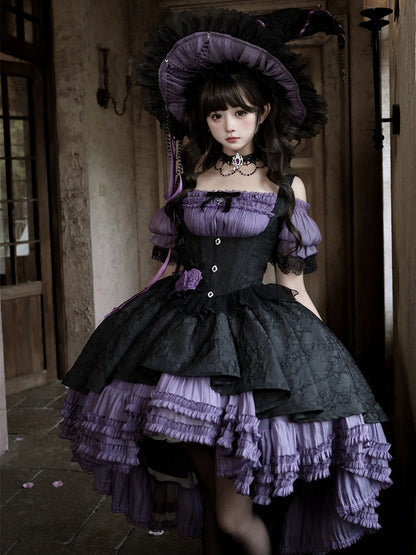 Gothic Underbust JSK Dress with Off-Shoulder Blouse, Purple & Black, High-Low Skirt - Sheer Ocean