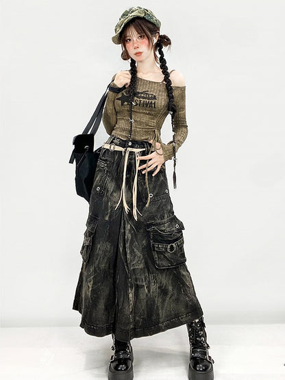 Punk Cargo Skirt with Faded Wash and Pockets - ReddaChic