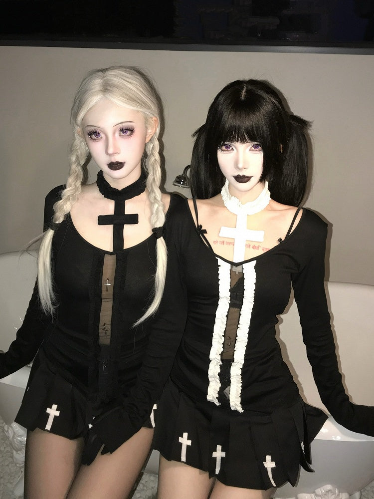Top Gothic All with White Cutout Black/Black Sleeves Design Long