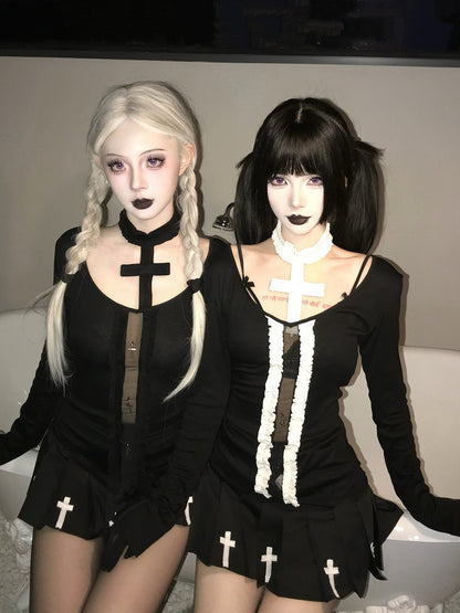 Top Gothic All with White Cutout Black/Black Sleeves Design Long