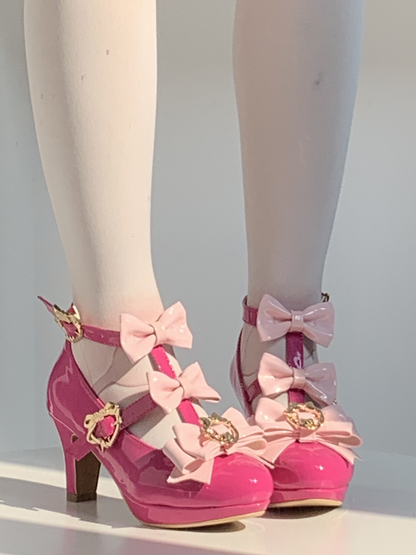 High with Lolita T-strap Red Hime Snap Heels Heart Design Rose
