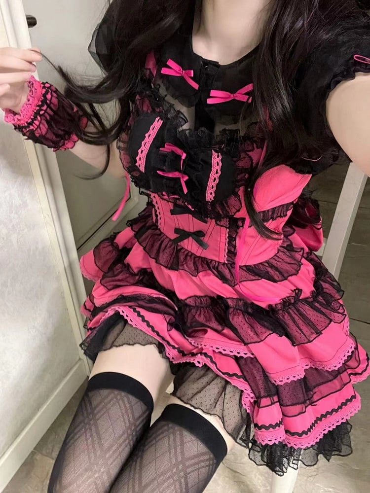 Accents Lolita Dress Sweet Hot Bow Ruffles Pink Layered with Black Heart Front