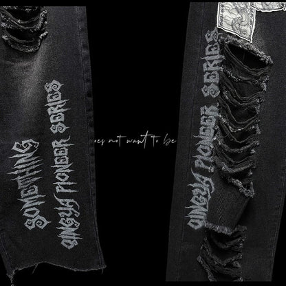 Schwarz Punk Print Dragon Holes Saum Jeans Distressed Applikationen Raw