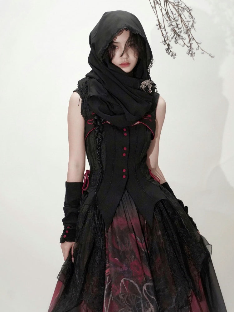 赤/黒/紫の龍と月の刺繍ショール