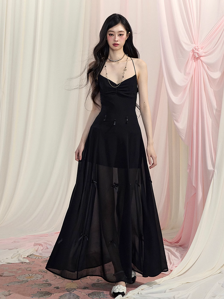 Black Halter Neck Dress Slip Ways Accents Two V-Neck Bowknot Chiffon Wear Backless