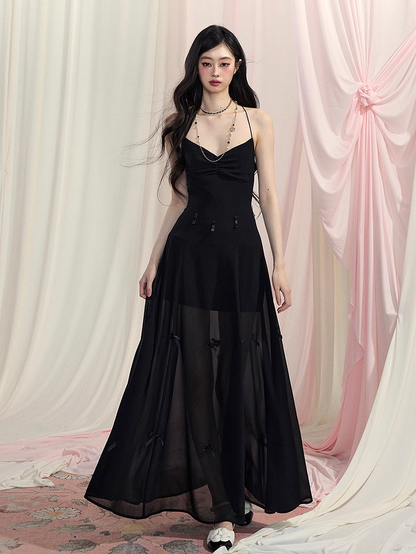 Black Halter Neck Dress Slip Ways Accents Two V-Neck Bowknot Chiffon Wear Backless