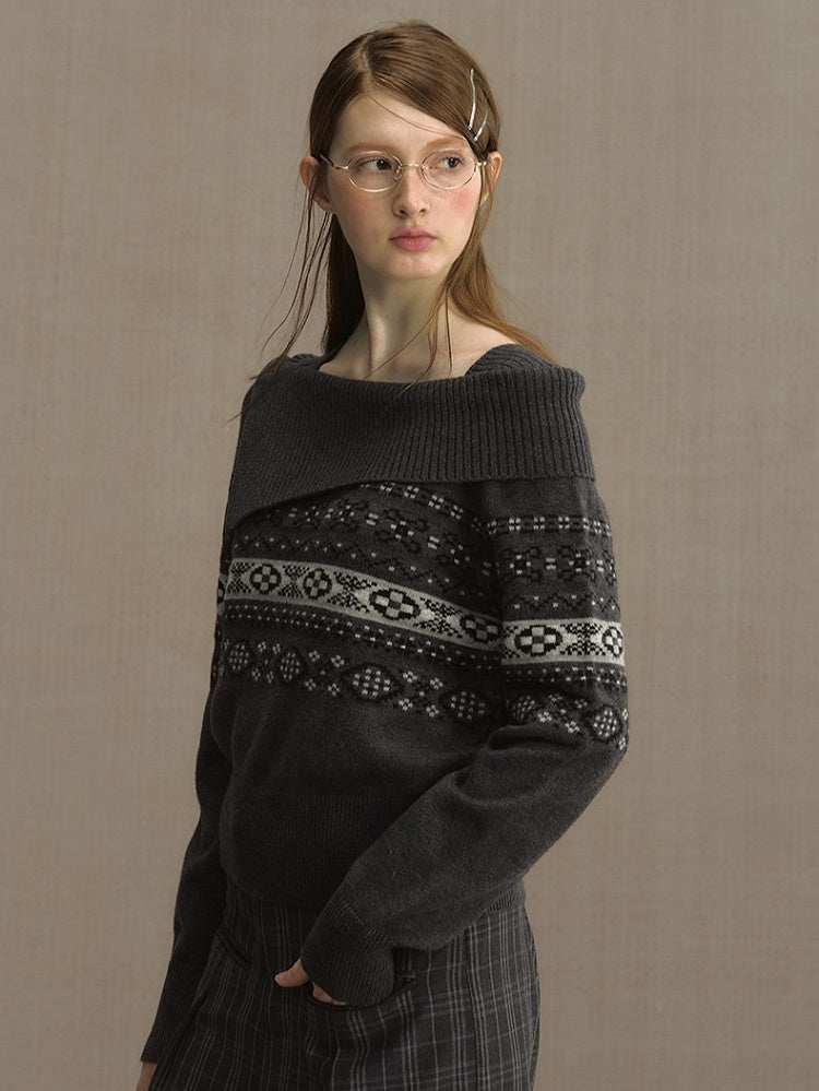 Gray/Blue Asymmetric Off-Shoulder Knit Sweater with Jacquard Details