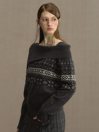 Gray/Blue Asymmetric Off-Shoulder Knit Sweater with Jacquard Details
