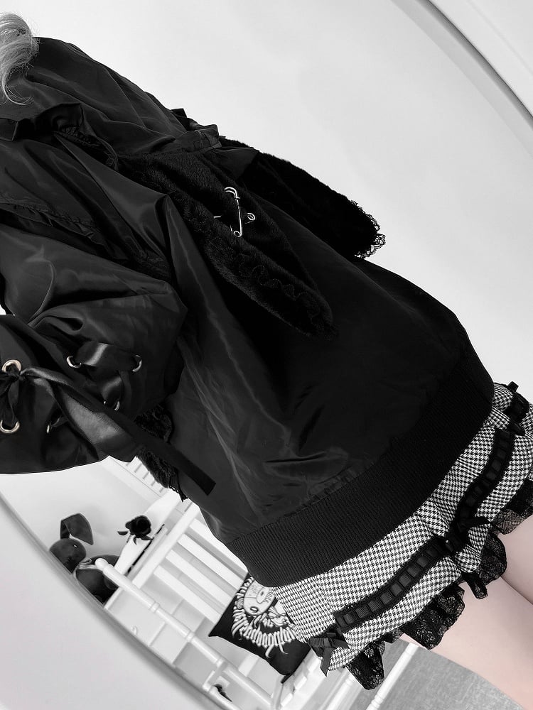 Black Plush Bunny Ear Hood Jirai Kei Jacket with Crossed Back Pins & Lace-Up Sleeves