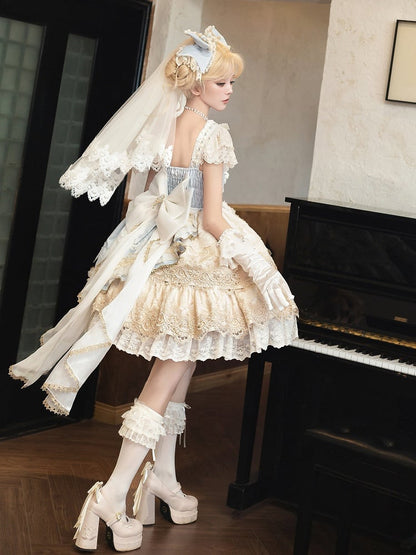 Princess Accents Bow Lolita Bead Blue Rhinestone Dress and