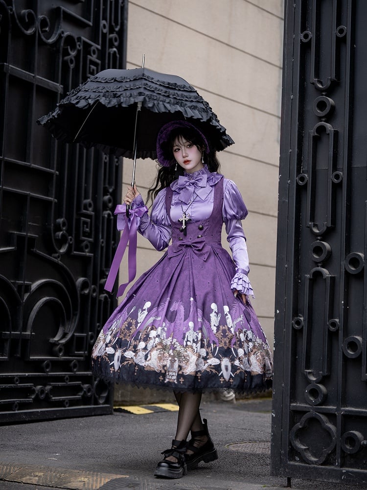 Purple Skeleton Cross Print Under Bust Gothic Lolita Dress with Black Lace Trim - NnSTAR