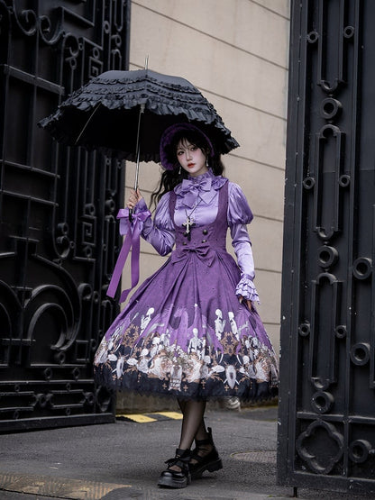 Purple Skeleton Cross Print Under Bust Gothic Lolita Dress with Black Lace Trim - NnSTAR