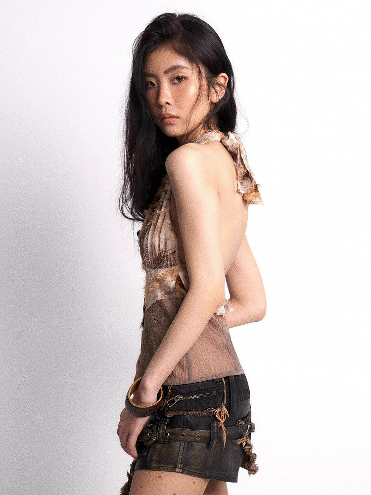 Punk Hem Fleece Button Patchwork with Top Detail Khaki Rhinestone Halter