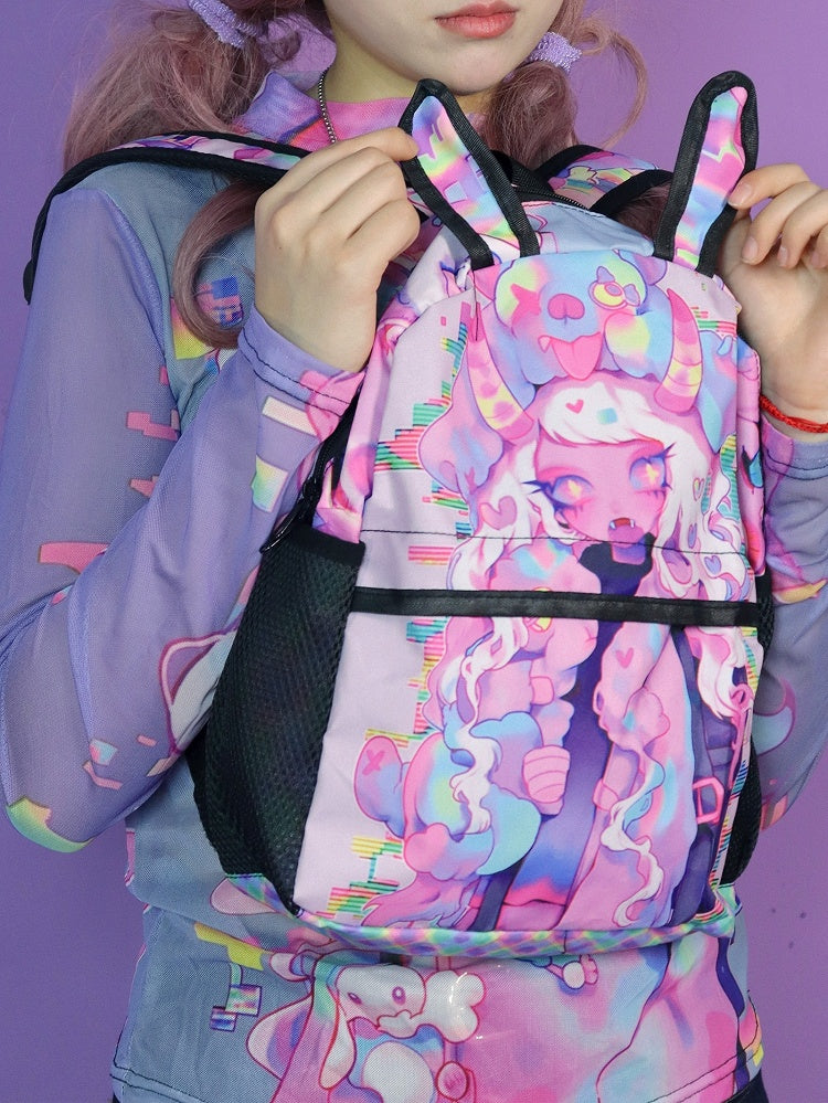 Pink Y2K Backpack with Cartoon Print and Bunny Ear Accents