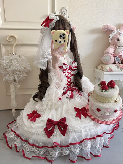 with Heart Sweet JSK / + Big Set Full Doll-Style Lace White Veil Details Red Dress Train Princess Bow Lolita