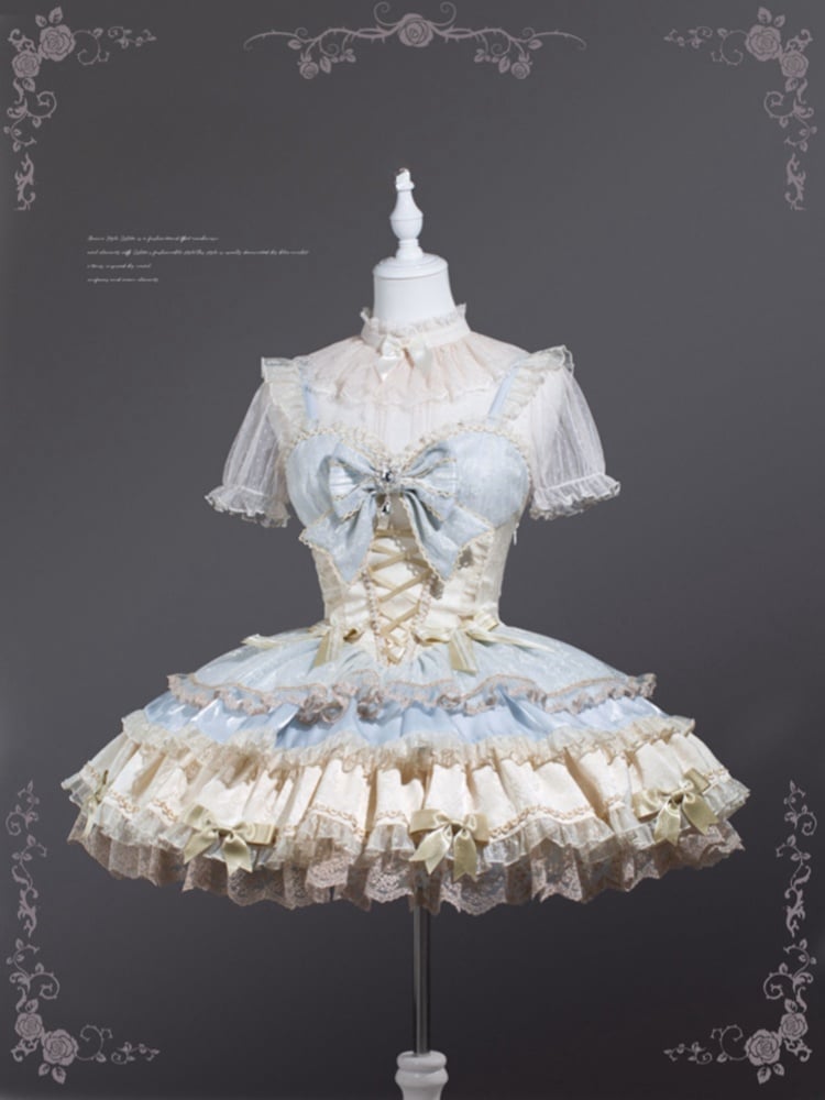 JSK Details Tiered Sweetheart Neckline Lolita Dress Skirt Bowknot Blue Sweet Beige