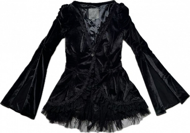 Black Embroidered Lace Blouse with Velvet V-Neck Coat and Layered Mermaid Skirt - DevilInspired Exclusive Collection
