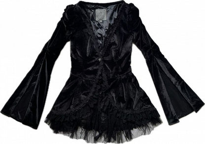 Black Embroidered Lace Blouse with Velvet V-Neck Coat and Layered Mermaid Skirt - DevilInspired Exclusive Collection