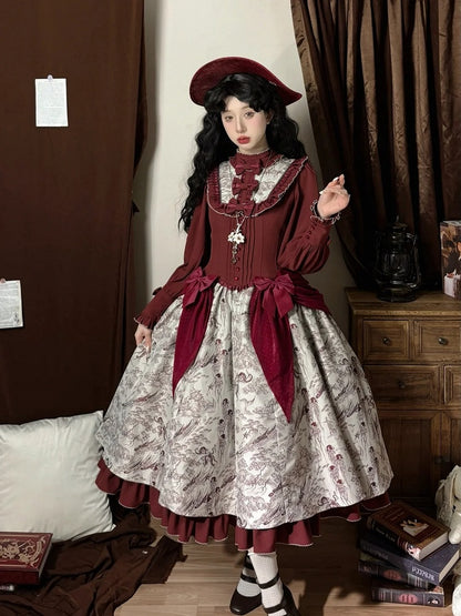 Animals Long-Sleeve Elegant White Print Lolita Forest Piece One Red