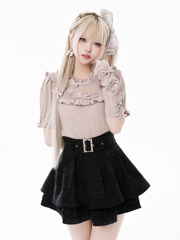 Jirai Kei Dusty Pink Blouse with Bowknot and Bead Decor, Illusion Neckline, Free Armwear - Fluffy Heart