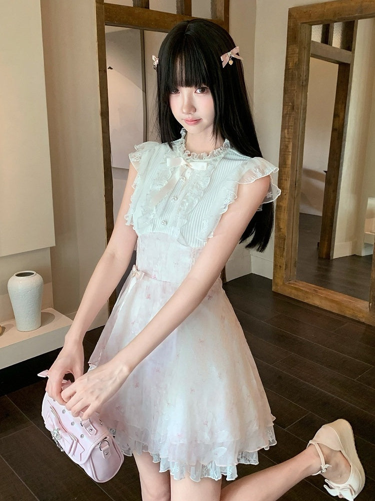 Pink & White Floral Seiso-kei Sleeveless Dress with Bow and Lace - LA LA JK