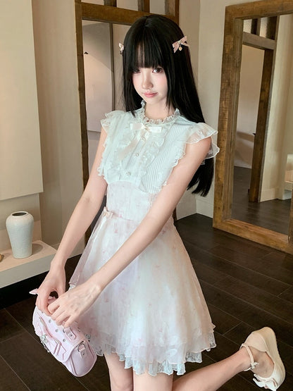 Pink & White Floral Seiso-kei Sleeveless Dress with Bow and Lace - LA LA JK