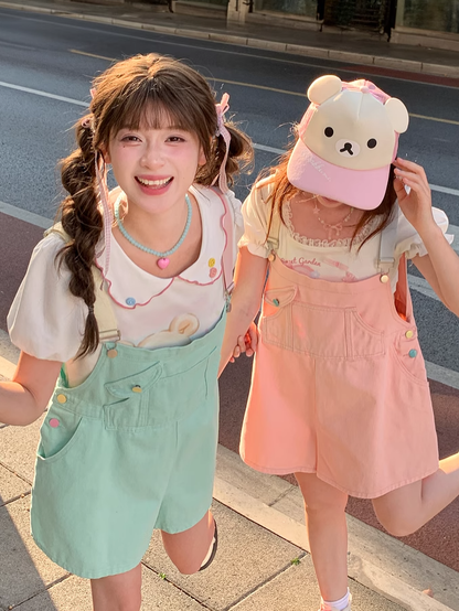 Denim Overall Shorts Grün Candy Farbe Pink/Mint