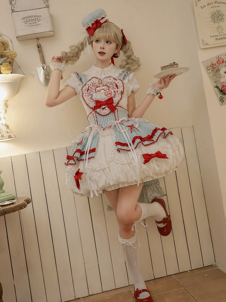 Bubble Appliqué Bodice Heart-Shaped and Cake Red Green Sweet Lolita Overall Dress with