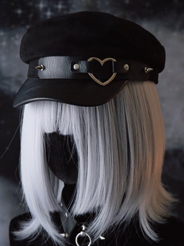 Gothic Details Heart Ring Black Studs Hat Beret