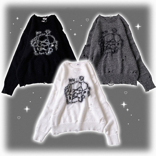 Cartoon Colors Kei Sweater 3 Distressed Jirai Print Oversized