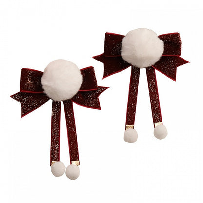 Sweet Lolita Red Velvet Glitter Bowknot Pom-Pom Hairclip