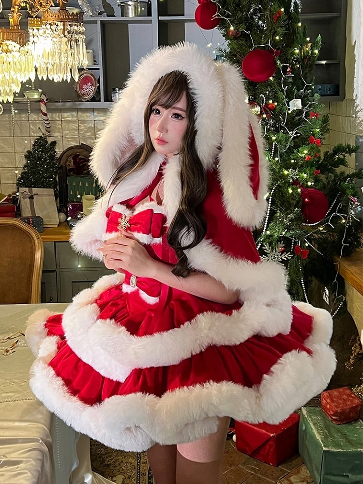 Christmas Red Winter Hooded Cape with Oversized Plush Bunny Ears