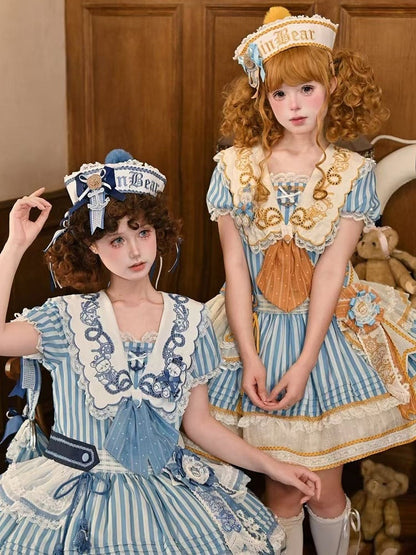 Bear Embroidered Sailor Lolita Hat with Pom-Pom - Twin Bear Original Design