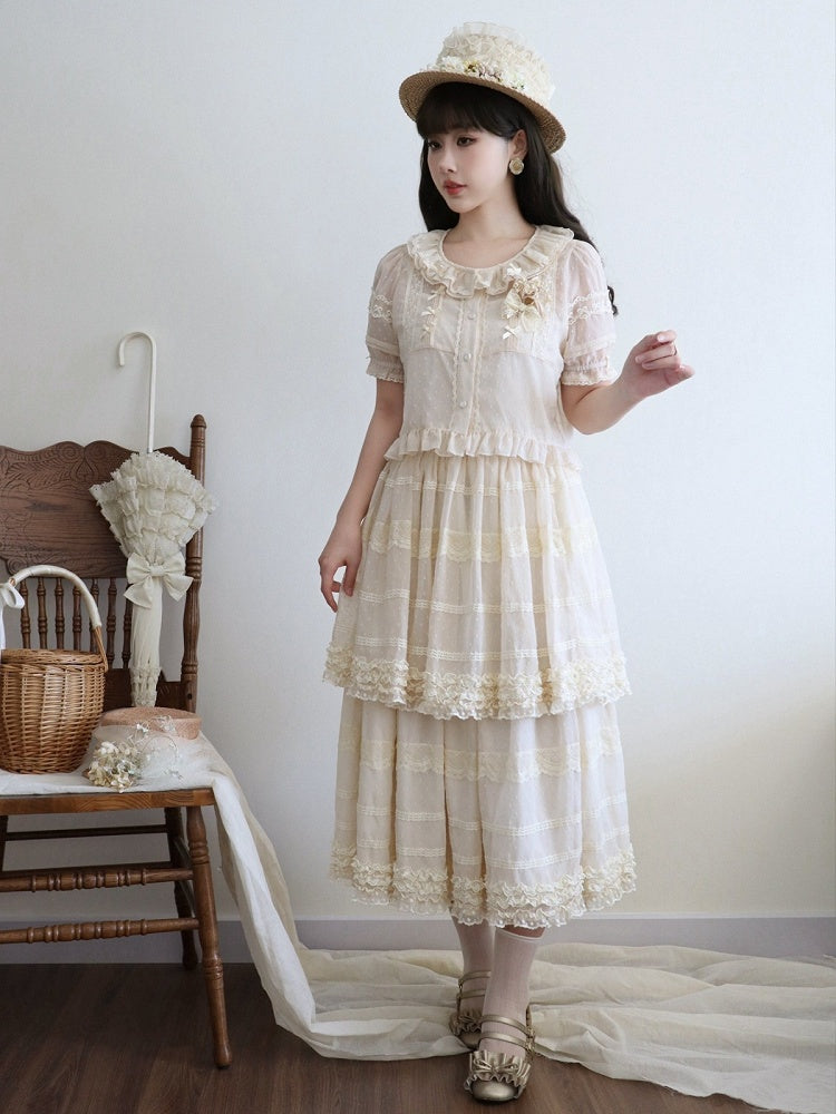 Beige Layered Polka-Dot Lace Skirt - Hana Studio