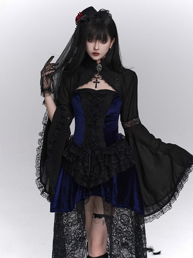Cutouts Lace-Trimmed Elegant with Bell Crop Black Halloween Sleeves Elbow Shrug Gothic