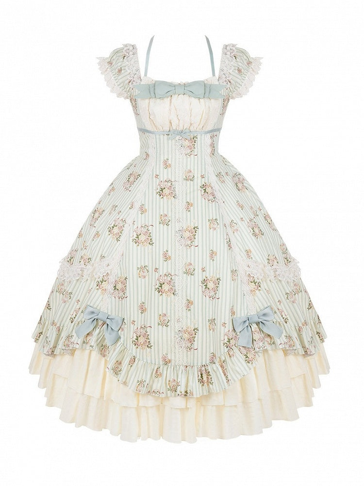 Floral Print Square Neck Dress with Bow Accents - With PUJI